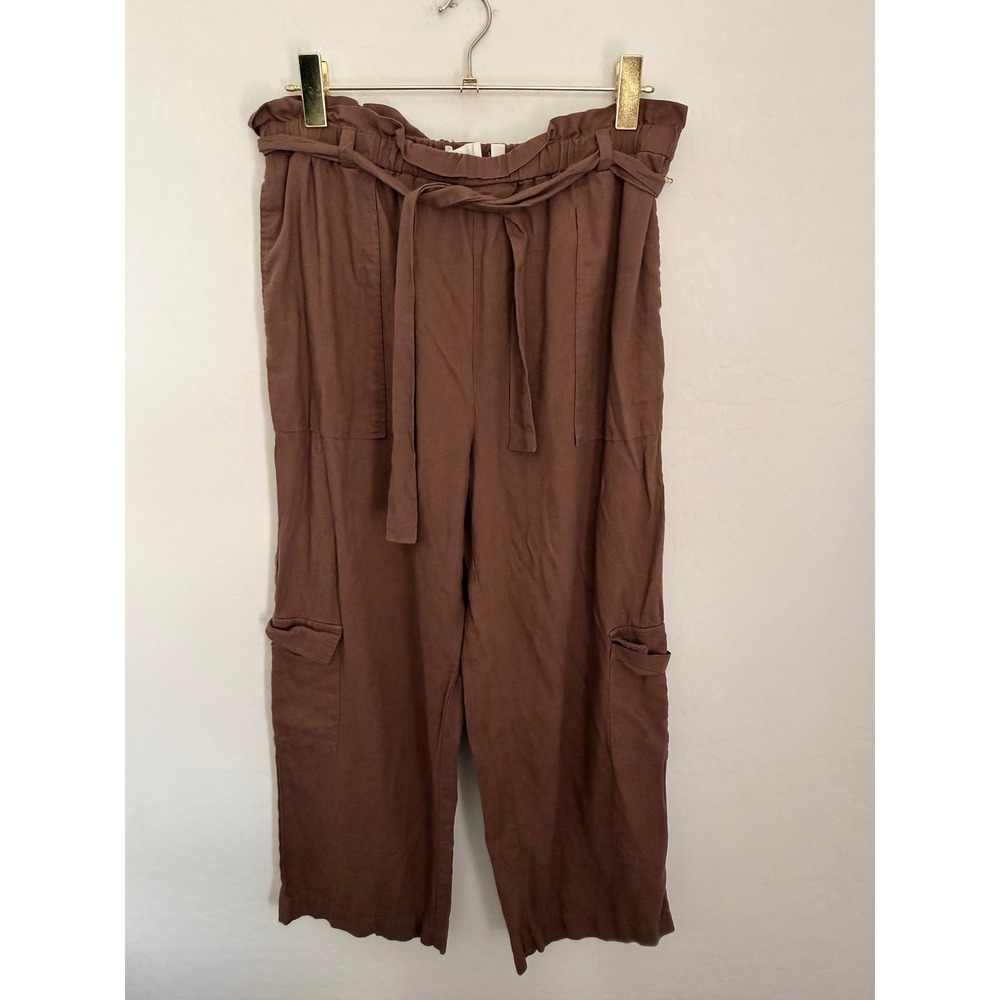 Sunny Leigh Brown Linen Blend Paperbag Waist Cargo Pants Wide Leg Cropped Size M